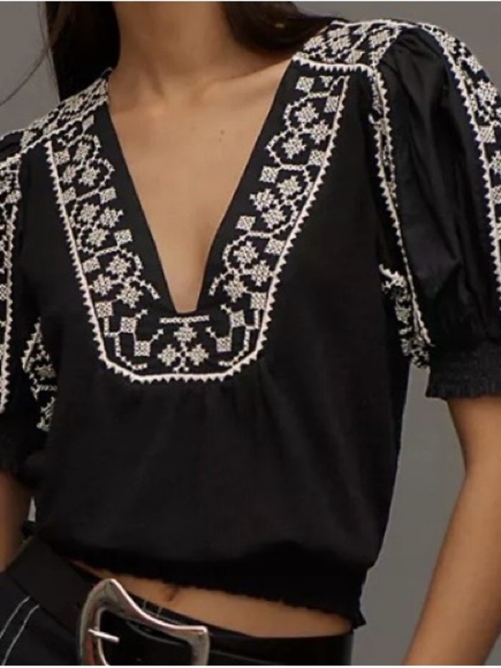 By Anthropologie Puff-Sleeve Embroidered Top